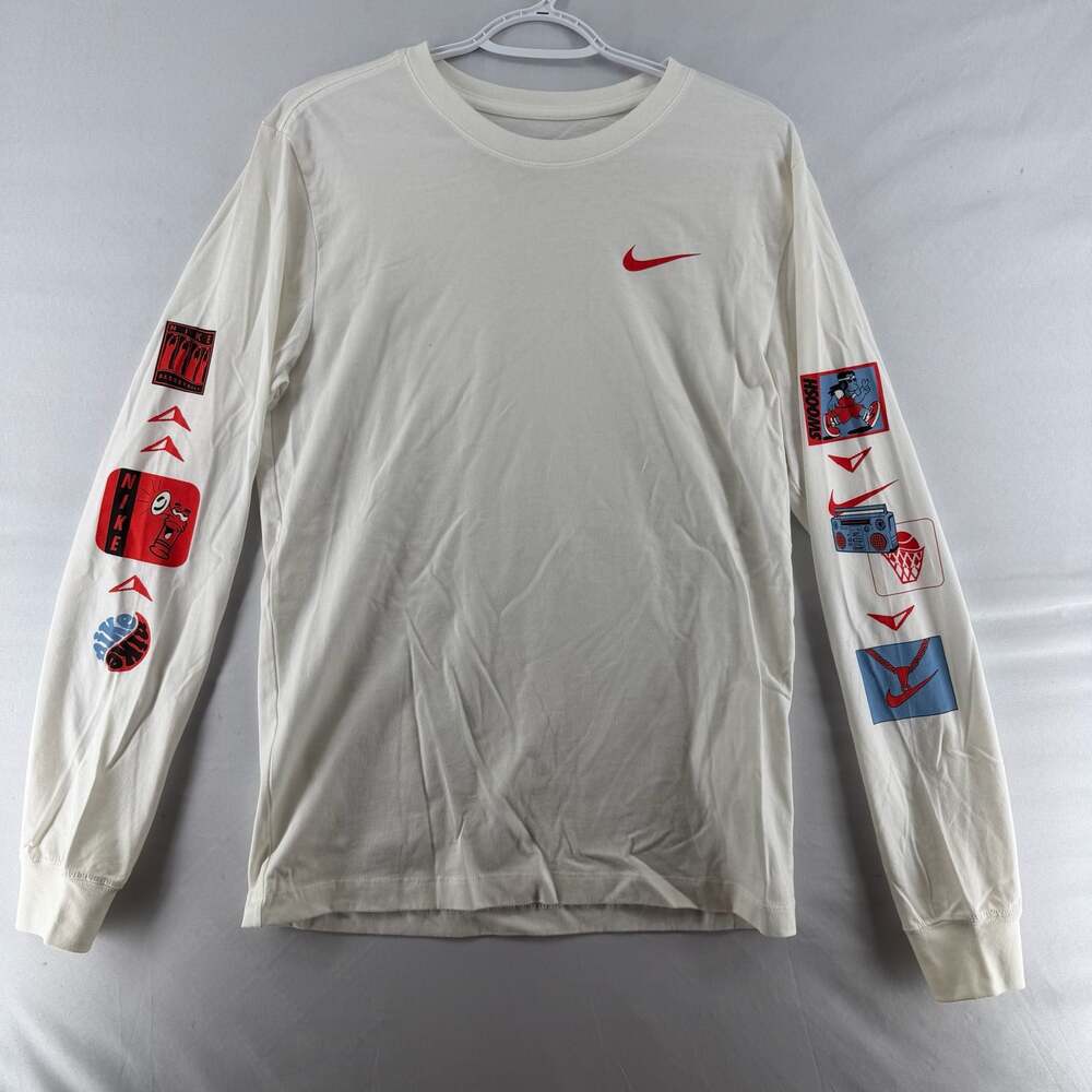 1298 S Nike Men's White Graphic Long Sleeve T-Shirt with Basketball Arm Prints